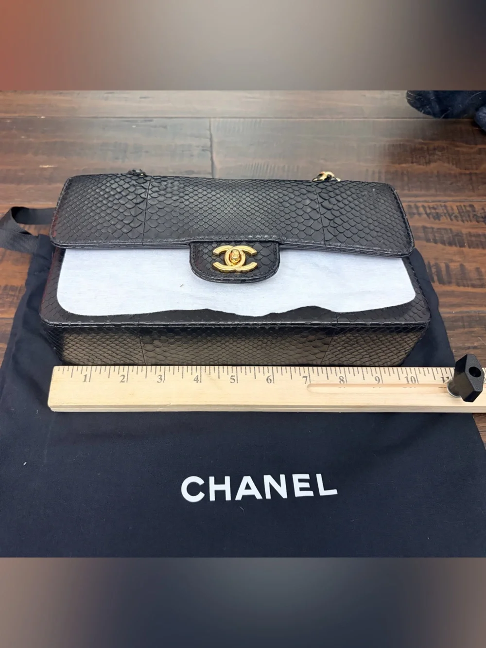 Black Genuine Python Chain Crossbody Bag Double Flap GHW